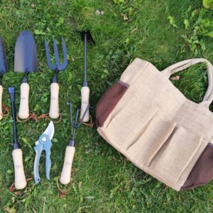 Easelife Pro Gardening Tool Set - 8 Piece Heavy Duty Carbon Steel Tools with Durable Jute Carry Bag, Perfect for Gardeners. Set inc. Trowel, Transplanter, Fork, Pruner, Weeder, Hoe, Rake and Bag